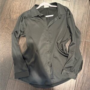 Relaxed Satin Button-Down Shirt in Black